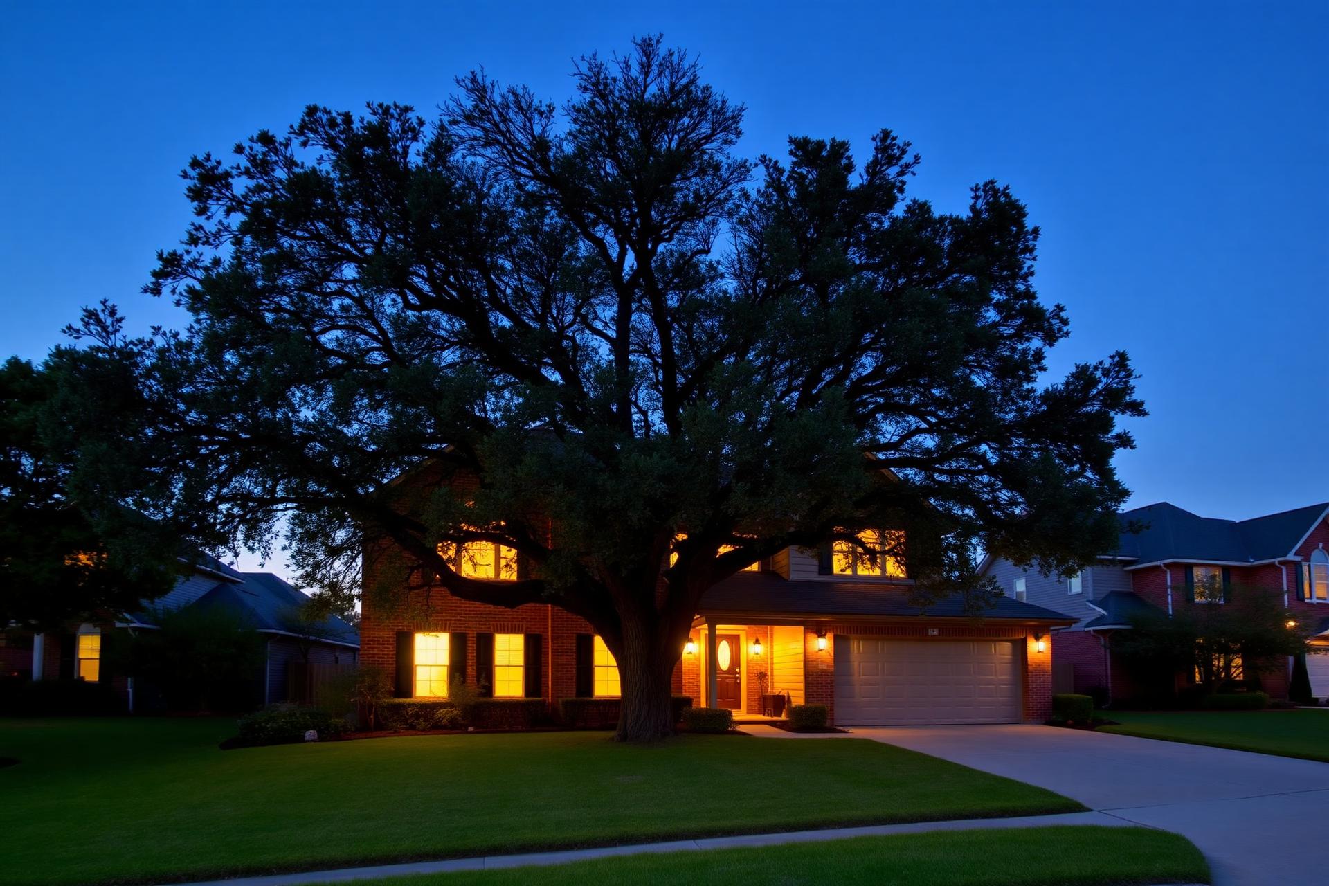 Classic Texas home at dusk with a mature oak tree